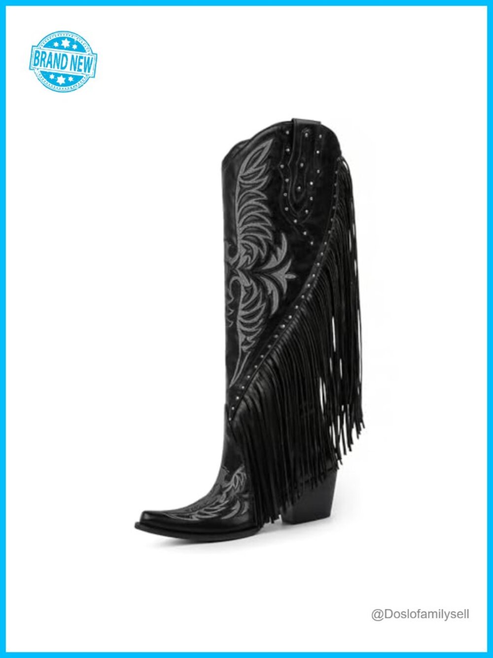 Faux Leather Knee-High Western Boots Fringe Studded Pointed Toe Block Heel